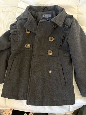 Cherokee Girls' Dark Gray Ruffle Double-Breasted Peacoat